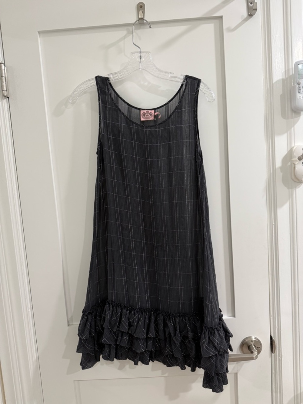 Juicy Couture black grey + silver plaid silk see-thru shift ruffle hem dress